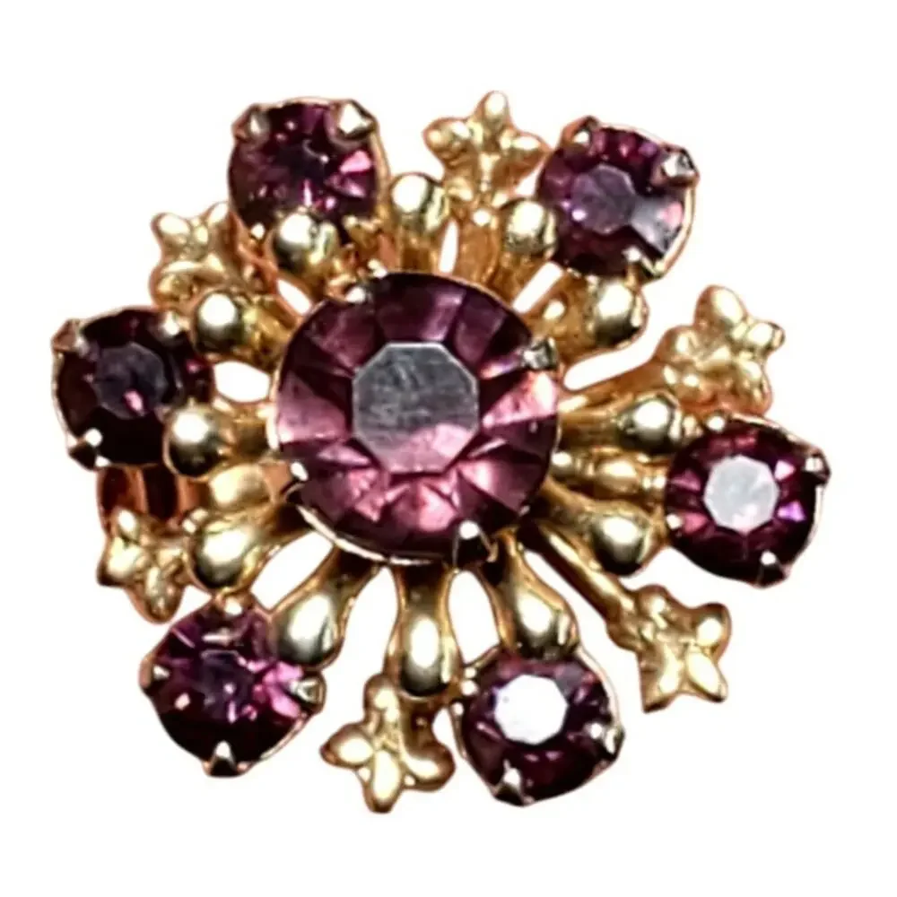 Starburst Scatter Brooch Purple Rhinestones Gold Tone Riveted Back 1/2